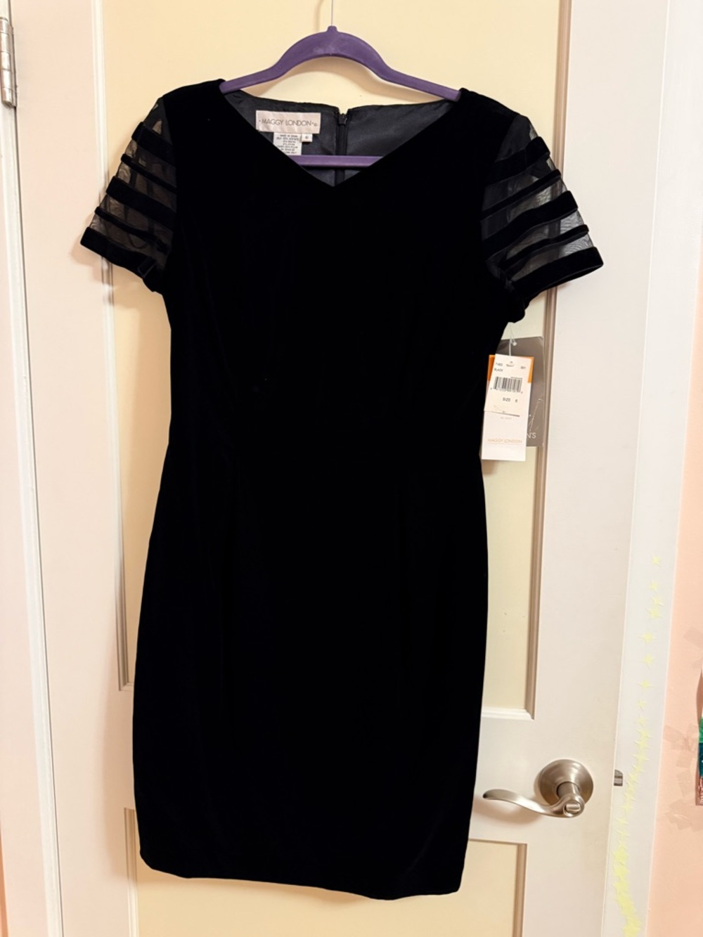 Vintage Maggy London Black Velvet Sheath Dress with Mesh Sleeve Stripes
